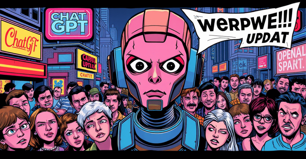 复古漫画风格封面展示ChatGPT过度迎合行为，背景为数字城市景观