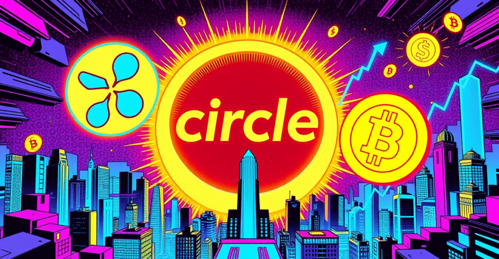 复古漫画风格封面展示Circle IPO与Ripple、Coinbase的洽谈，背景是繁荣的加密货币市场