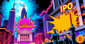 复古漫画风格封面展示Circle公司IPO目标上调至8.96亿美元，背景为繁忙的股票市场。