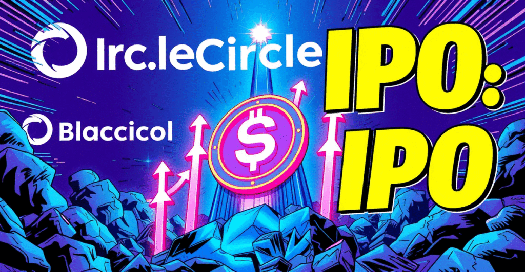 复古漫画风格封面展示Circle IPO与BlackRock投资，背景是上升的USDC稳定币符号