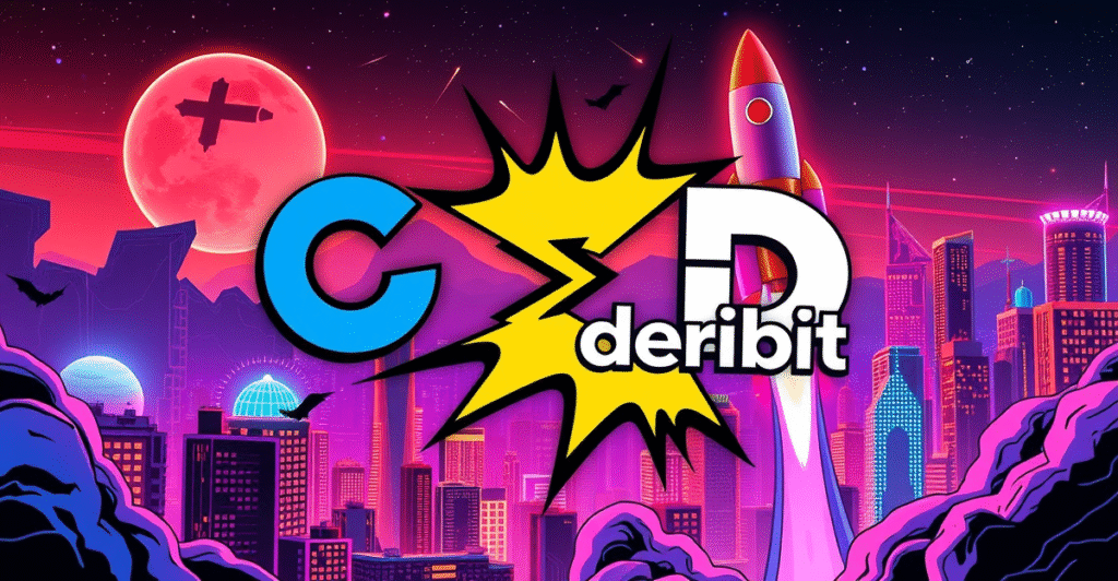 Coinbase和Deribit标志合并成强大符号，背景是代表全球扩张的未来城市景观