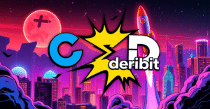 Coinbase和Deribit标志合并成强大符号，背景是代表全球扩张的未来城市景观