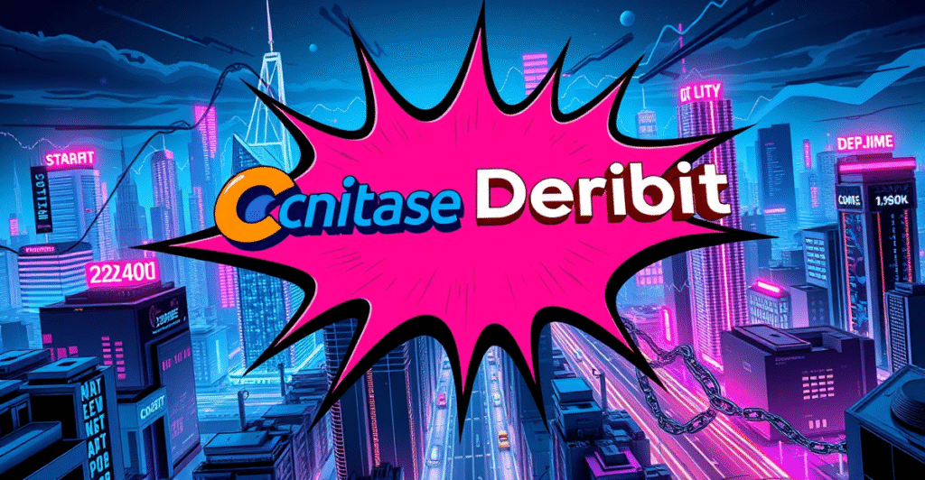 Coinbase和Deribit标志合并的复古漫画风格封面，背景是未来城市和上升趋势图