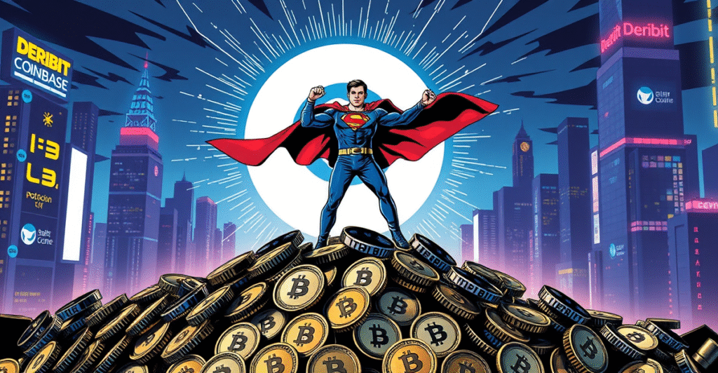 Coinbase CEO Brian Armstrong站在加密货币硬币堆上，背景是Deribit标志，象征Coinbase收购Deribit的胜利