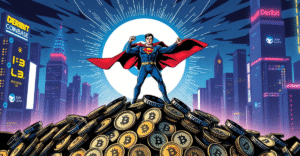 Coinbase CEO Brian Armstrong站在加密货币硬币堆上，背景是Deribit标志，象征Coinbase收购Deribit的胜利