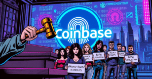 复古漫画风格插图展示Coinbase BIPA诉讼的法庭场景，法官和原告站在Coinbase标志前
