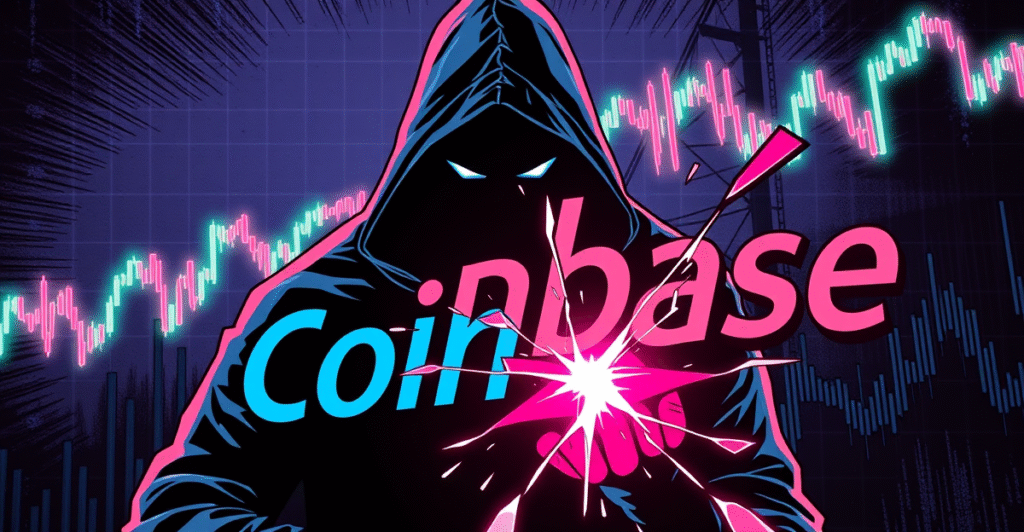 Coinbase标志在压力下破裂，背景中有一个代表黑客的阴影人物，象征着数据泄露和股价下跌。