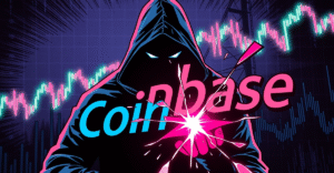 Coinbase标志在压力下破裂，背景中有一个代表黑客的阴影人物，象征着数据泄露和股价下跌。