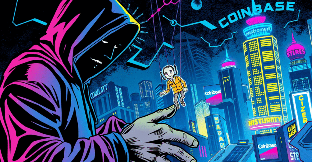 复古漫画风格插图展示一名黑客操纵Coinbase客服代理进行社会工程攻击