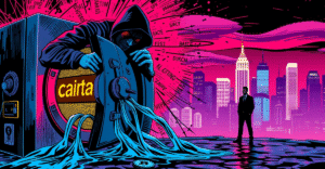 阴影中的神秘人物在昏暗的办公室内用手机拍摄Coinbase客户数据，背景是破裂的Coinbase标志