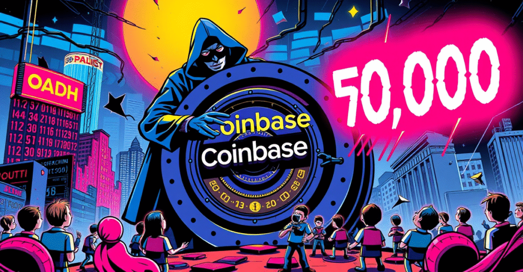 复古漫画风格插图展示黑客入侵Coinbase数字金库，背景为霓虹城市和下跌的股票图