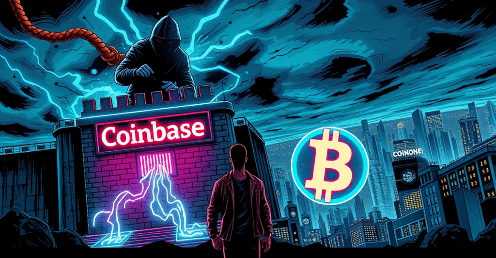 复古漫画风格插图展示黑客攻击Coinbase数据泄露场景，背景为加密货币交易者和城市景观