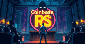 复古漫画风格插图展示Coinbase用户与IRS在法庭上的对峙，背景是加密货币数据隐私的象征性表现