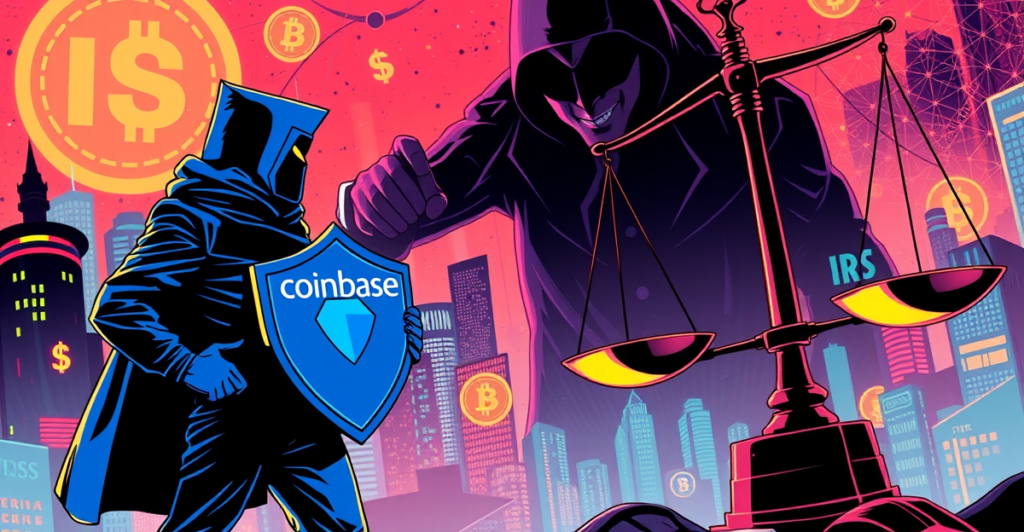 Coinbase英雄形象对抗IRS特工，背景是加密货币符号的未来城市景观，象征隐私权斗争