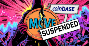 复古漫画风格插图展示MOVE代币在Coinbase平台暂停交易，背景为下跌的市场趋势图