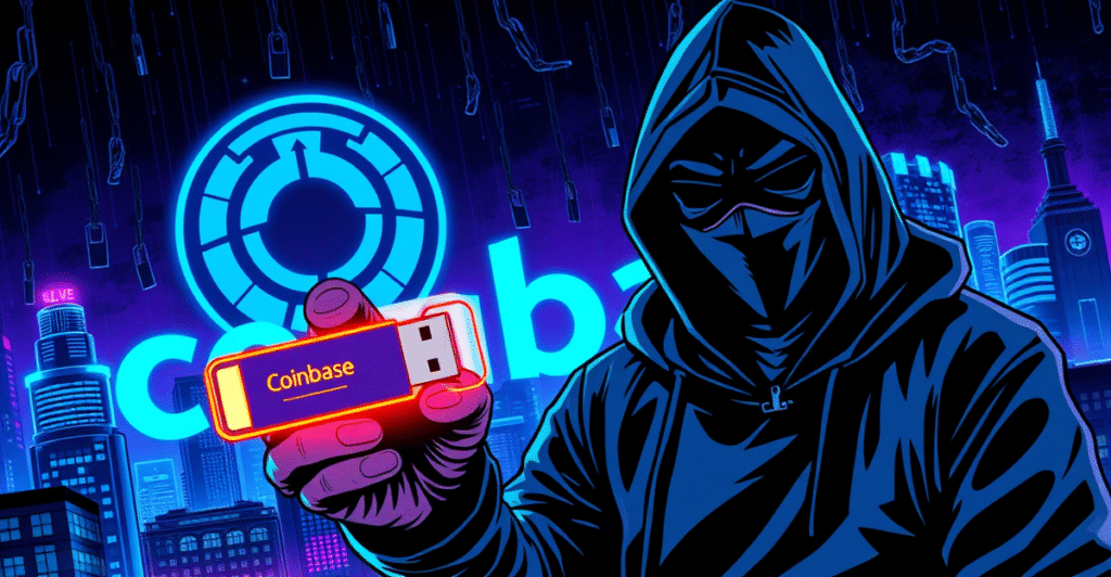 复古漫画风格插图展示一名黑客对Coinbase发起勒索攻击，背景是数字锁链和霓虹灯照亮的未来城市