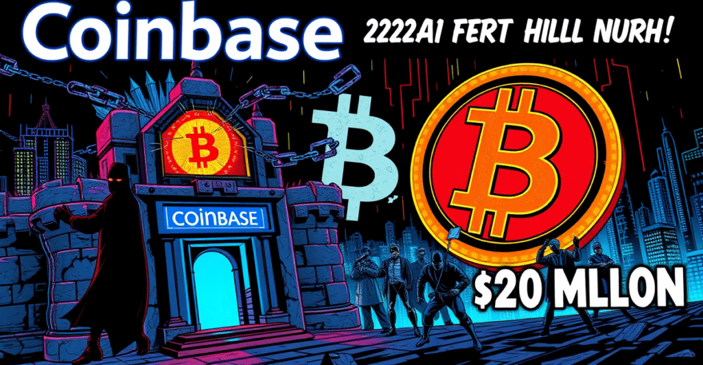 复古漫画风格插图展示阴影人物试图入侵标有'Coinbase'的数字堡垒，背景是破裂的比特币符号和安全团队防御场景