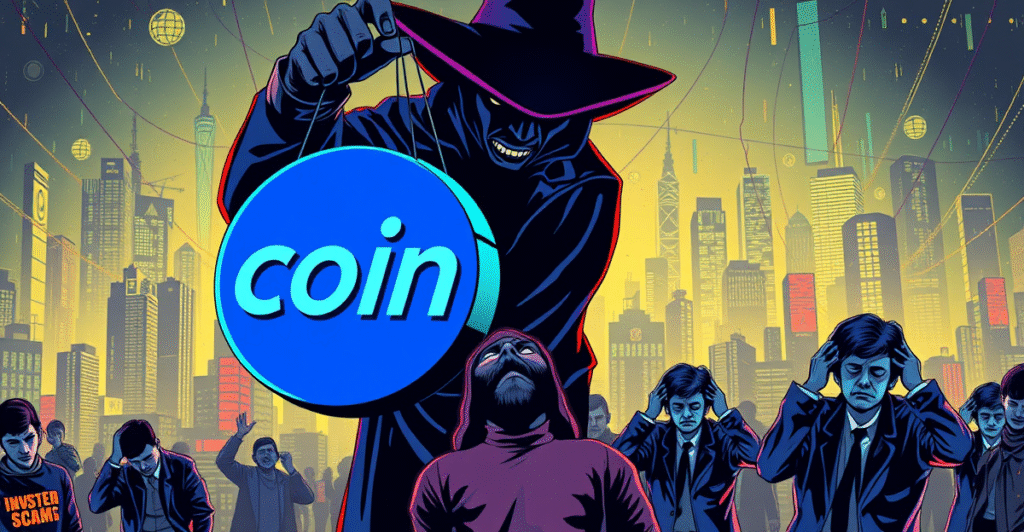复古漫画风格插图展示阴影人物操纵Coinbase标志，背景是绝望的投资者，象征社交工程诈骗的复杂性