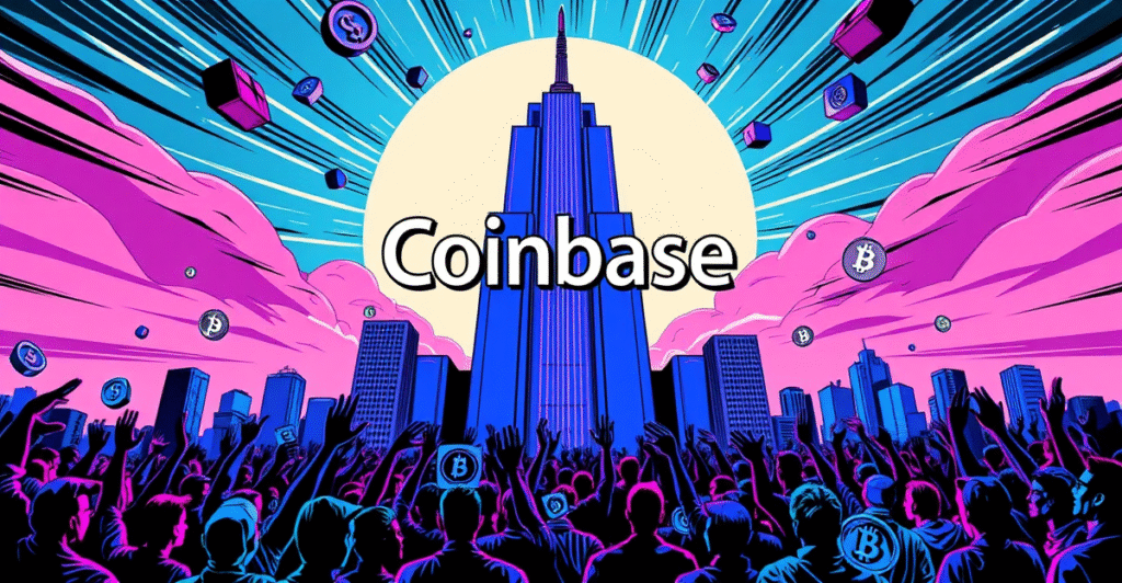Coinbase标志在复古漫画风格封面中作为英雄徽章，背景是标普500指数图如摩天大楼般上升，周围漂浮着加密货币符号的抽象表现。