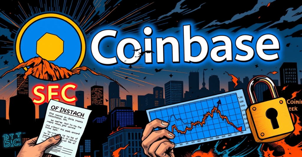 Coinbase股价下跌的复古漫画风格插图，显示SEC调查和数据泄露的影响