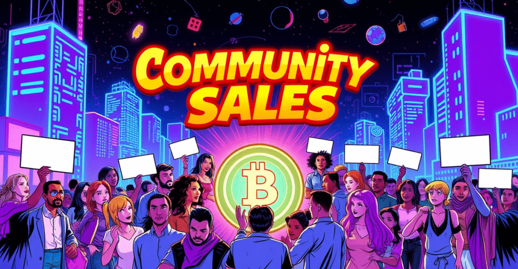 复古漫画风格封面展示多样人群围绕发光数字代币,象征Web3社区销售