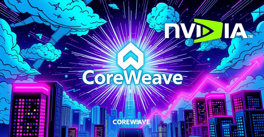 复古漫画风格封面展示CoreWeave标志与Nvidia投资背景，象征股价上涨与AI云计算潜力