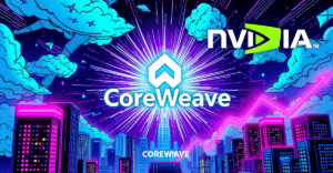 复古漫画风格封面展示CoreWeave标志与Nvidia投资背景，象征股价上涨与AI云计算潜力
