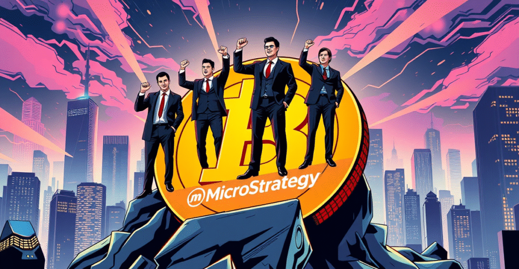 企业高管站在巨大的比特币符号上,背景是未来城市天际线,象征企业比特币投资的激增