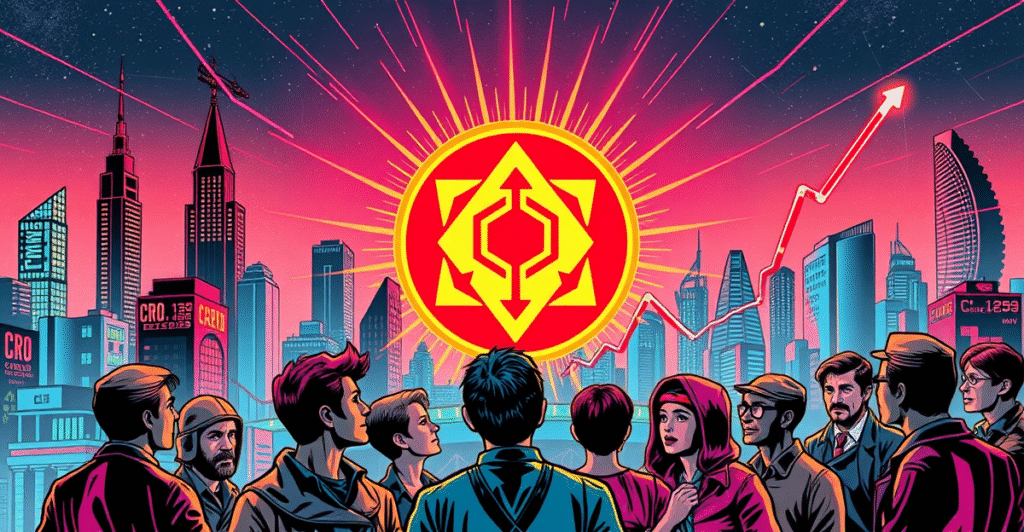 复古漫画风格封面展示Cronos ETP投资机会，背景为区块链城市景观和市场趋势图