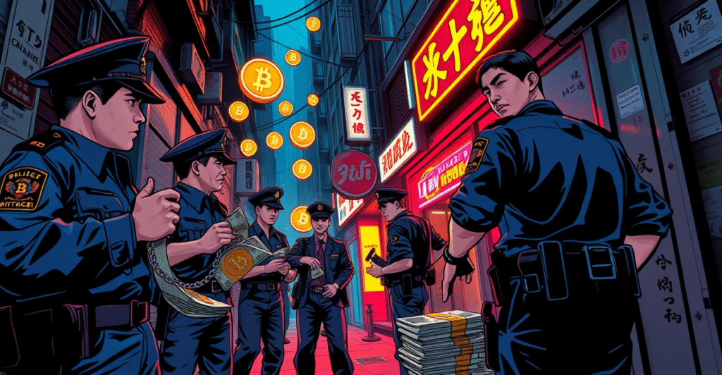 香港警方在霓虹灯下的巷子中逮捕涉及跨境洗钱的犯罪嫌疑人，背景有加密货币符号
