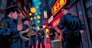 香港警方在霓虹灯下的巷子中逮捕涉及跨境洗钱的犯罪嫌疑人，背景有加密货币符号