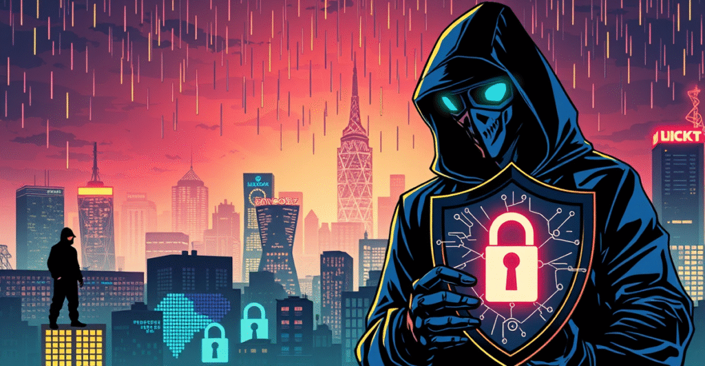 复古漫画风格插图展示加密网络安全威胁与防护盾牌