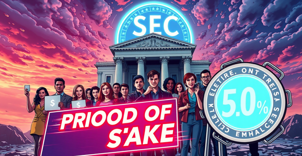 30个加密倡导团体在复古漫画风格的封面中，站在未来风格的法院前，手持区块链和质押标志的标语，背景是霓虹色的SEC标志，象征对加密质押监管明确指导的呼吁。