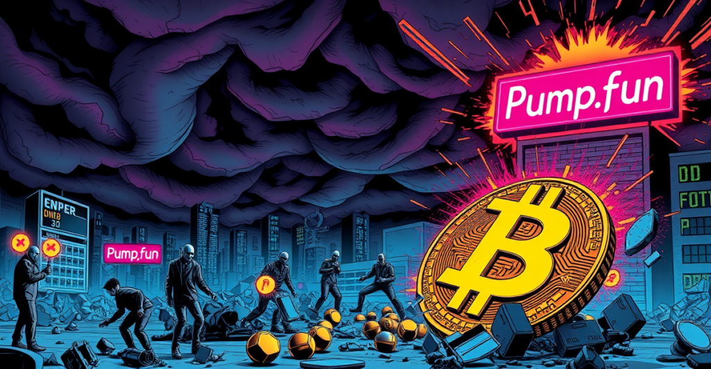 复古漫画风格插图展示爆炸的加密代币和破碎的比特币符号，象征2025年第一季度加密代币失败的历史新高