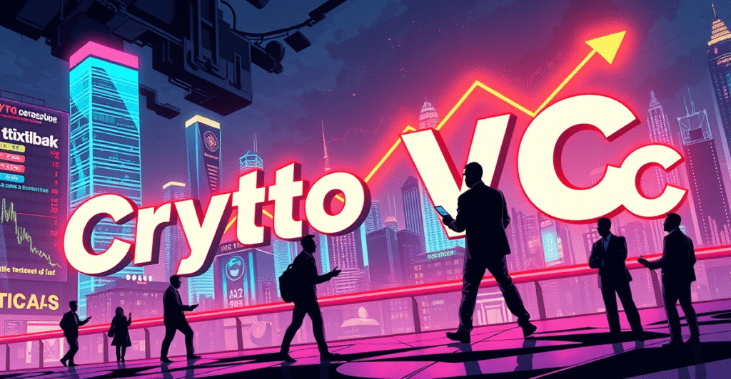 复古漫画风格插画展示2025年加密风险投资市场的繁荣景象，背景是霓虹灯下的未来城市和上升趋势图。