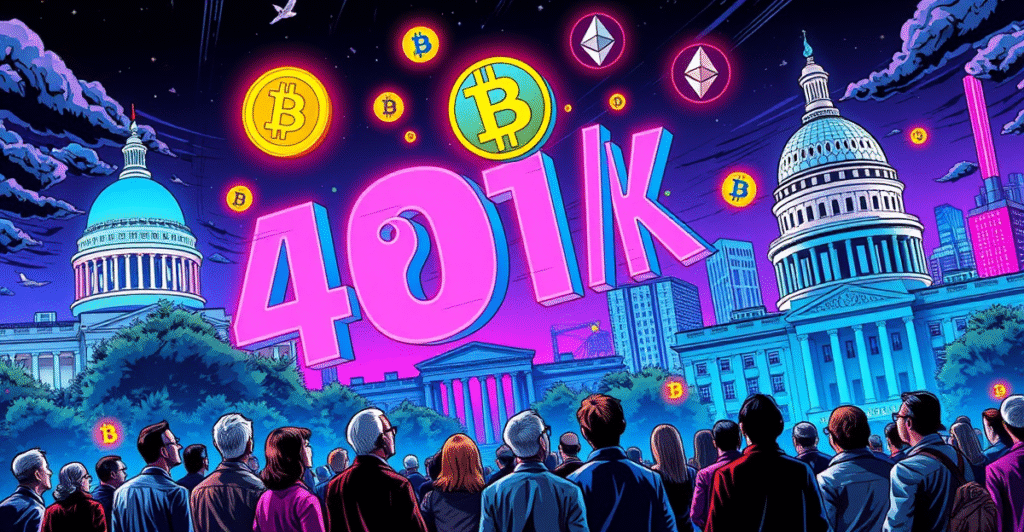 复古漫画风格插图展示401(k)退休计划与加密货币的融合，背景为未来城市和美国政府建筑