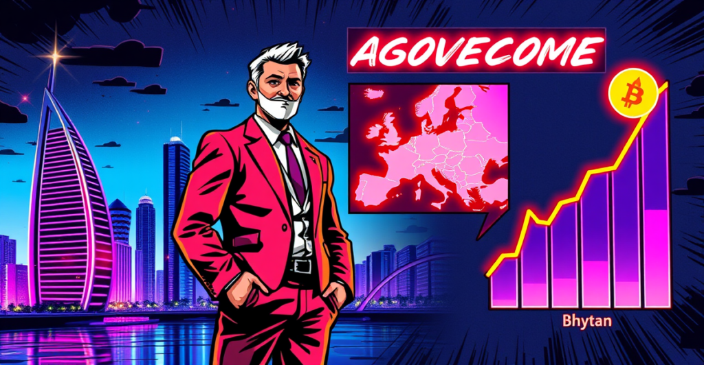 赵长鹏站在迪拜未来城市景观前，欧洲地图上仅黑山高亮显示，象征加密货币采用差异