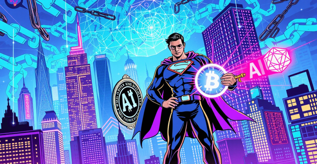 复古漫画风格插画展示加密货币与AI协同，未来城市中数字链条与神经网络交织，象征加密激励加速AI采用。