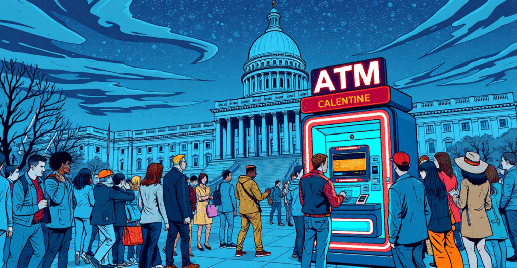 复古漫画风格插画展示联邦建筑内霓虹发光的加密货币ATM机，象征金融科技教育与进步