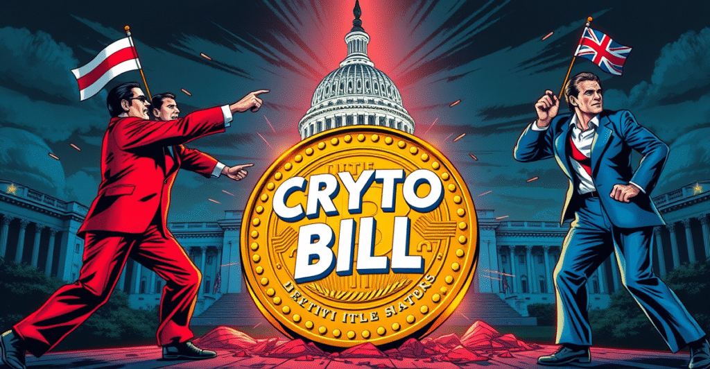 复古漫画风格插图展示美国国会背景下的加密货币法案象征性战斗,共和党与民主党分别以红色和蓝色代表。