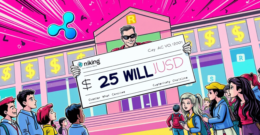 Ripple公司向教育非营利组织捐赠2500万美元RLUSD的复古漫画风格插图