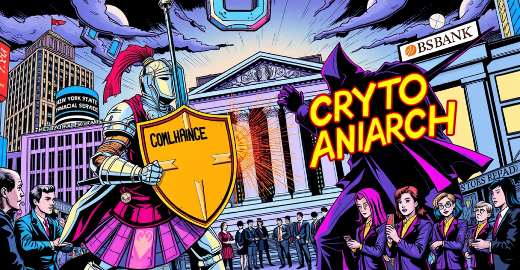 复古漫画风格封面展示加密货币合规与匿名性之间的象征性对抗，背景为纽约金融监管机构和传统银行标志。