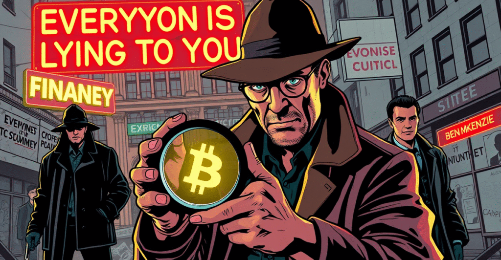 Ben McKenzie在复古漫画风格的封面上，手持放大镜调查加密货币符号，背景是Sam Bankman-Fried和Alex Mashinsky的阴影形象。