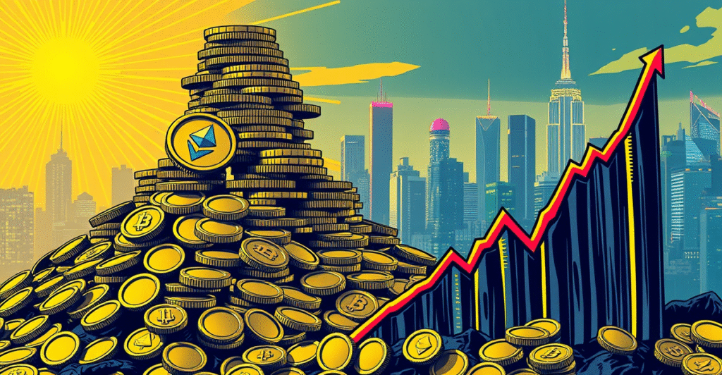 复古漫画风格展示加密货币ETP资金流入激增，背景为未来城市和霓虹灯