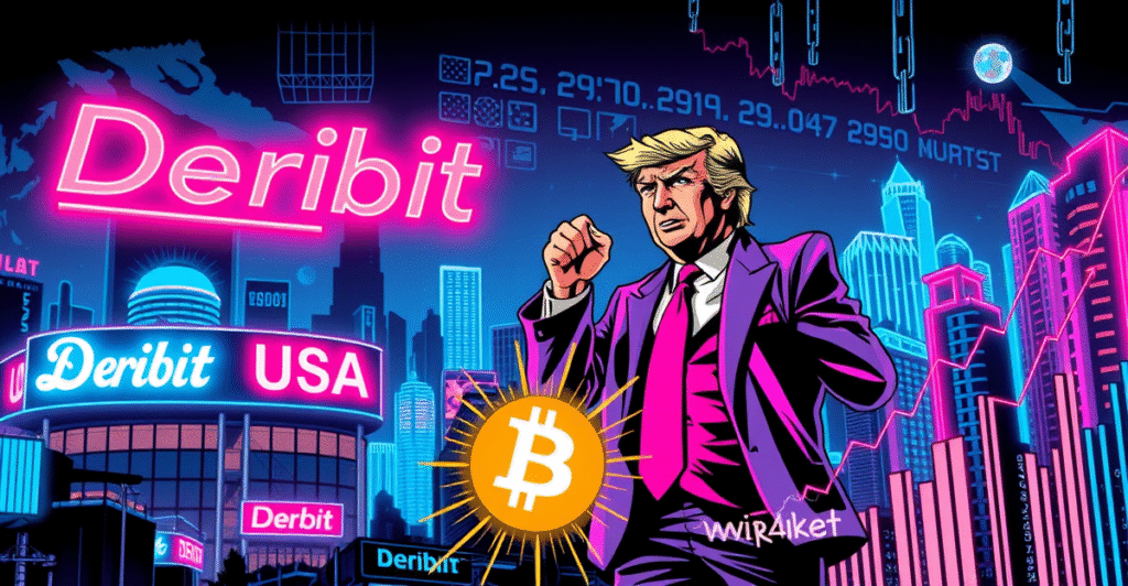 复古漫画风格插图展示加密货币交易所Deribit考虑进入美国市场，背景为特朗普象征监管变化