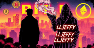 复古漫画风格插画展示Jeffy Yu站在旧金山霓虹天际线前，前景是他持枪的幽灵形象，背景是加密货币符号和LLJEFFY币标志。