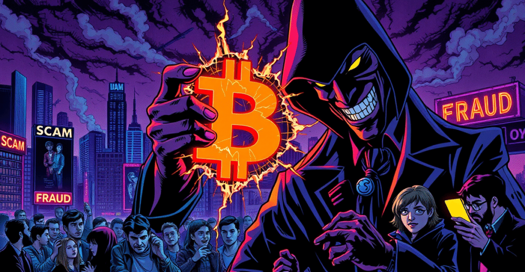 复古漫画风格插图展示阴影人物操纵破裂的加密货币符号，背景是霓虹灯闪烁的欺诈警示
