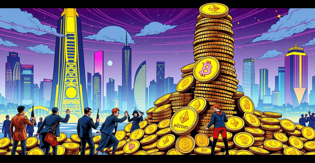 复古漫画风格插画展示投资者向加密货币资金流入的黄金硬币堆伸手，背景是霓虹灯下的未来城市天际线