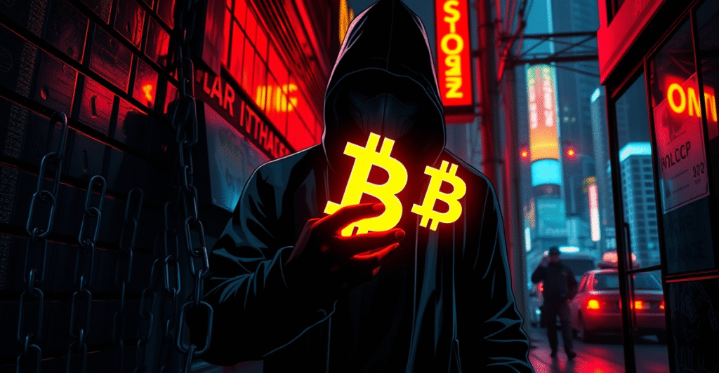 一名蒙面人物在首尔霓虹灯背景下的暗巷中手持发光的加密货币符号，象征加密货币抢劫事件