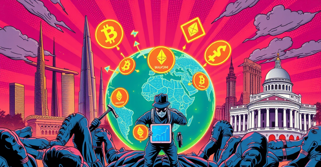 全球加密货币中心地图,突出显示哈萨克斯坦、马尔代夫、巴基斯坦、新加坡、阿联酋、香港、美国和英国,采用复古漫画风格设计